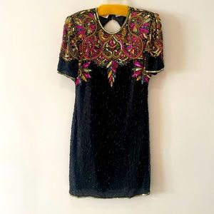 Vintage Laurence Kazar Women Beaded Sequin Party Dress Size L Black